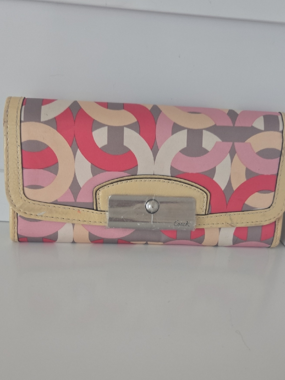 Coach Multicolor Ring Signature Continental Wallet with Cream Trim.